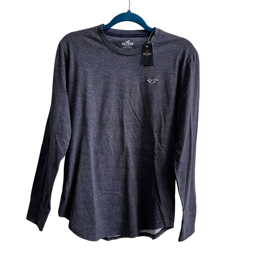 Hollister Curved Hem Tee Mens Small Charcoal Gray Long Sleeve Cotton Logo Shirt
